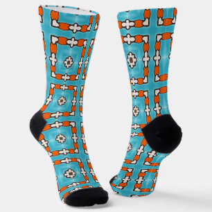 Modern Elegance Blue Orange White Azulejos Tile Socks
