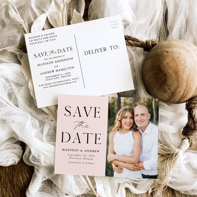 Modern Elegance Blush Photo Save the Date Announcement Postcard (Creator Uploaded)
