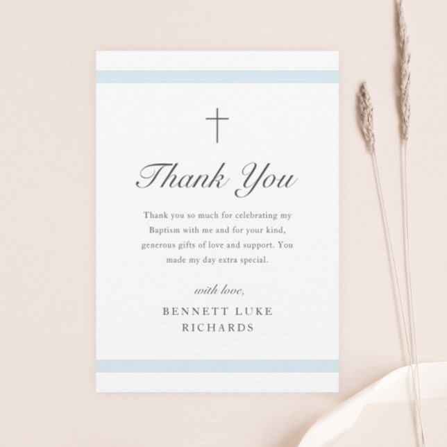 Modern Elegance Boys Baptism Thank You Card (Simple script baptism thank you card with light blue cards and minimal religious cross.)