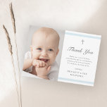 Modern Elegance Boys Baptism Thank You Postcard<br><div class="desc">The classic stripe baptism thank you card is a modern, clean postcard featuring soft blue stripes and a cross with photo on the front. The back is a mailable postcard. Grey customizable type allows you to change all of the information on the card to your liking. Perfect for a little...</div>