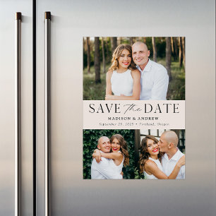 Modern Elegance Cream Three Photo Save the Date Magnetic Invitation