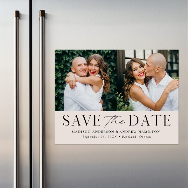 Modern Elegance Cream Two Photo Save the Date Magnetic Invitation (Creator Uploaded)