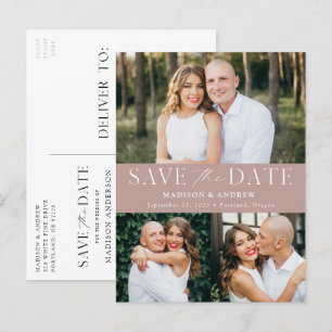 Modern Elegance Dusty Rose 3 Photo Save the Date Announcement Postcard