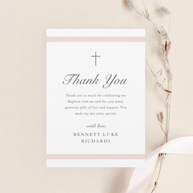 Modern Elegance Girls Baptism Thank You Card (Modern girls baptism thank you card with pink bars and elegant script typography with minimal cross.)