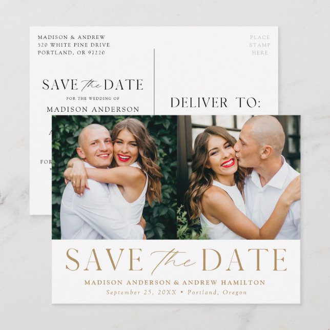 Modern Elegance Gold Two Photo Save the Date Announcement Postcard (Front/Back)