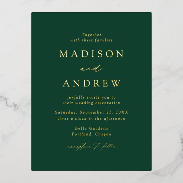 Modern Elegance Green and Gold Wedding Foil Invitation Postcard (Front)