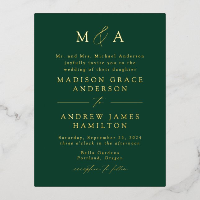Modern Elegance Monogram Green and Gold Wedding Foil Invitation Postcard (Front)