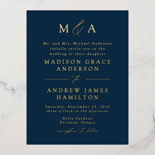 Modern Elegance Monogram Navy and Gold Wedding Foil Invitation Postcard (Front)