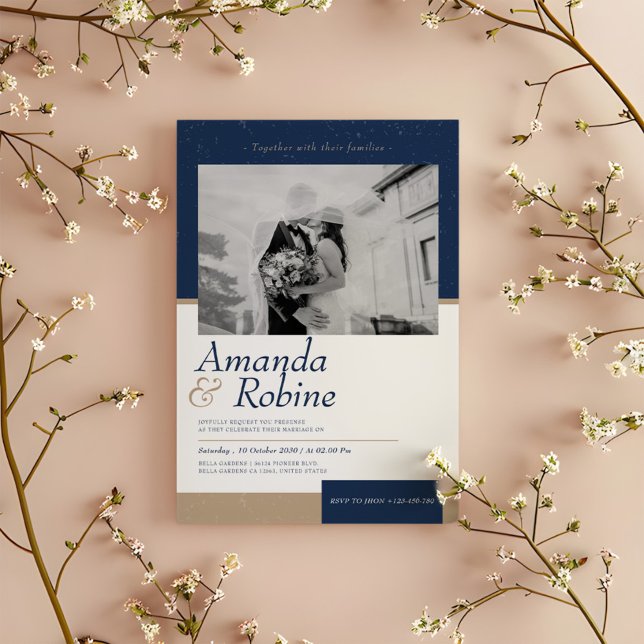 Modern Elegance Navy & Gold Wedding Photo Invitation (Creator Uploaded)