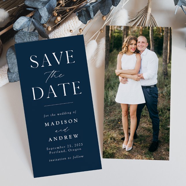 Modern Elegance Navy Photo Save the Date (Creator Uploaded)
