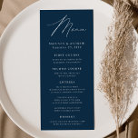 Modern Elegance Navy Wedding Menu<br><div class="desc">Simple and elegant wedding menu featuring "Menu" displayed in a modern white script with a navy background or colour of your choice. Personalize the navy wedding menu by adding your names,  wedding date,  and menu information. Designed to coordinate with our Modern Elegance wedding collection.</div>