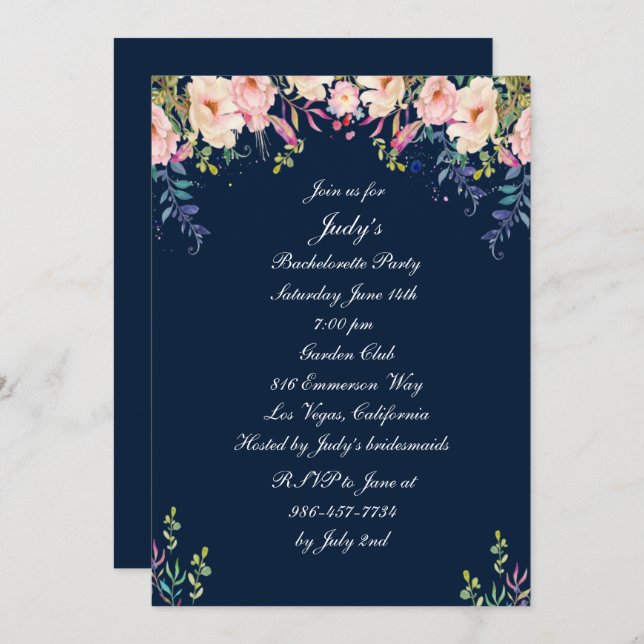 Modern Elegance Pink Floral Bachelorette Party Invitation (Front/Back)