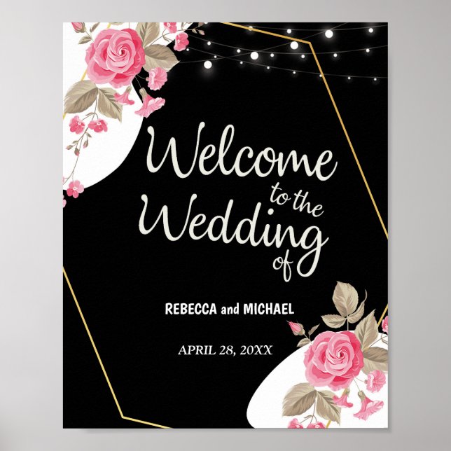 Modern Elegance Pink Floral string light  Wedding Poster (Front)