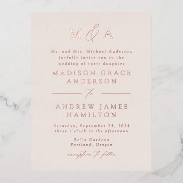 Modern Elegance Rose Gold Monogram Wedding Foil Invitation Postcard (Front)