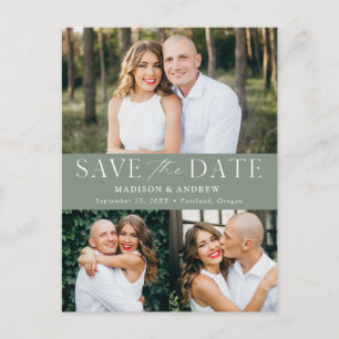 Modern Elegance Sage Green 3 Photo Save the Date Announcement Postcard