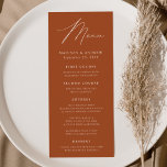 Modern Elegance Terracotta Wedding Menu<br><div class="desc">Simple and elegant wedding menu featuring "Menu" displayed in a modern white script with a terracotta background or colour of your choice. Personalize the terracotta wedding menu by adding your names,  wedding date,  and menu information. Designed to coordinate with our Modern Elegance wedding collection.</div>