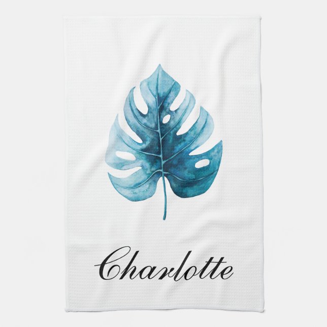 Modern Elegance Watercolor Monstera Blue Leaf Kitchen Towel (Vertical)