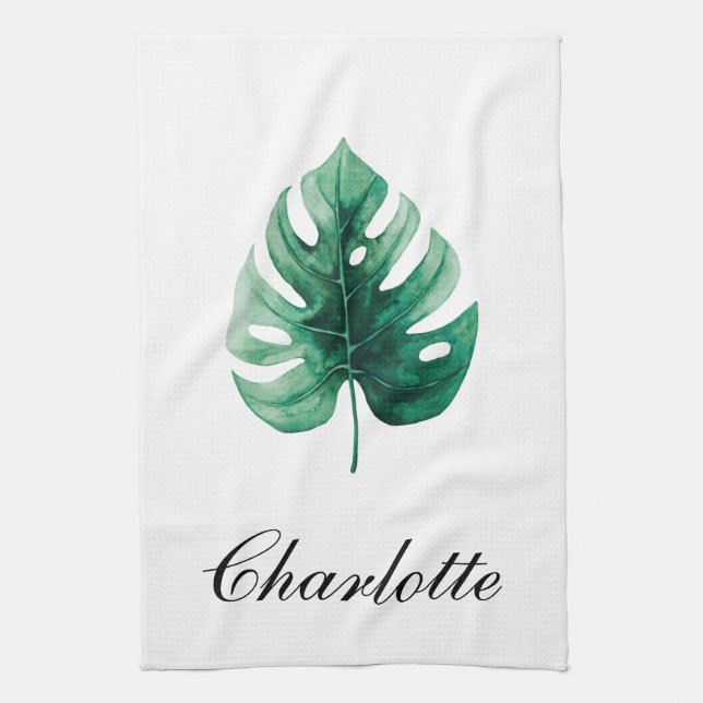 Modern Elegance Watercolor Monstera Green Leaf Kitchen Towel (Vertical)