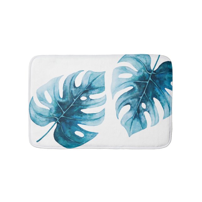 Modern Elegance Watercolor Monstera Leaves Bath Mat (Front)