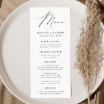 Modern Elegance White and Black Wedding Menu<br><div class="desc">Simple and elegant wedding menu featuring "Menu" displayed in a modern black script with a white background or colour of your choice. Personalize the wedding menu by adding your names,  wedding date,  and menu information. Designed to coordinate with our Modern Elegance wedding collection.</div>