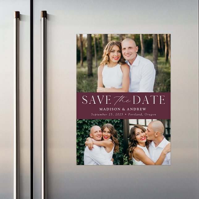 Modern Elegance Wine 3 Photo Save the Date Magnetic Invitation (Creator Uploaded)
