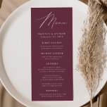 Modern Elegance Wine Wedding Menu<br><div class="desc">Simple and elegant wedding menu featuring "Menu" displayed in a modern white script with a wine-purple background or colour of your choice. Personalize the wine wedding menu by adding your names,  wedding date,  and menu information. Designed to coordinate with our Modern Elegance wedding collection.</div>