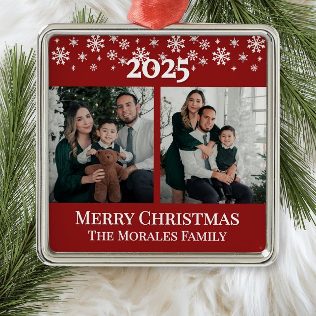 Modern Elegant 2 Photo Red Keepsake Family Metal Ornament (modern elegant 2 photo keepsake family ornament for parents grandparents with custom name and year)