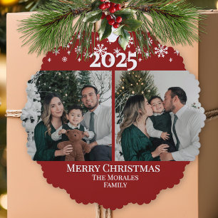 Modern Elegant 2 Photo Red Keepsake Family Ornament Card