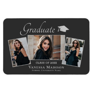 Modern   Elegant 3 Photo Grad Announcement Magnet