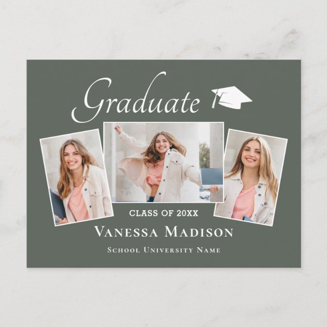 Modern | Elegant 3 Photo Graduation Announcement Postcard (Front)