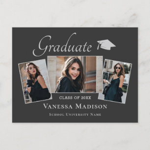 Modern   Elegant 3 Photo Graduation Announcement Postcard