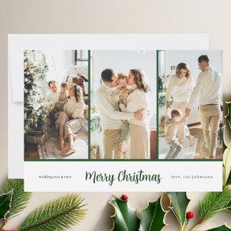 Modern Elegant 3 Photo Green Script Holiday Card