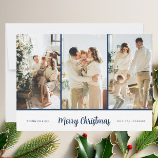 Modern Elegant 3 Photo Navy Blue Script Holiday Card