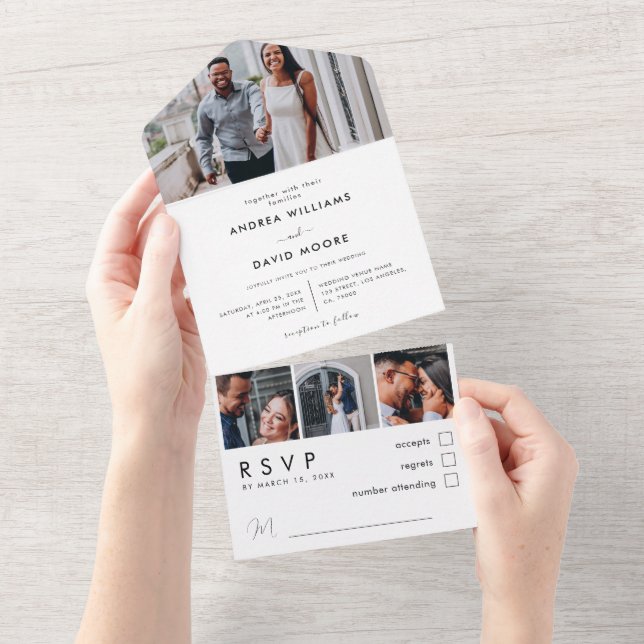 Modern Elegant 4 Photo Collage Minimalist Wedding All In One Invitation (Tearaway)