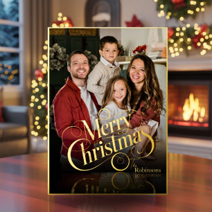 Modern Elegant 4 Photo Minimal Script Christmas Foil Holiday Card