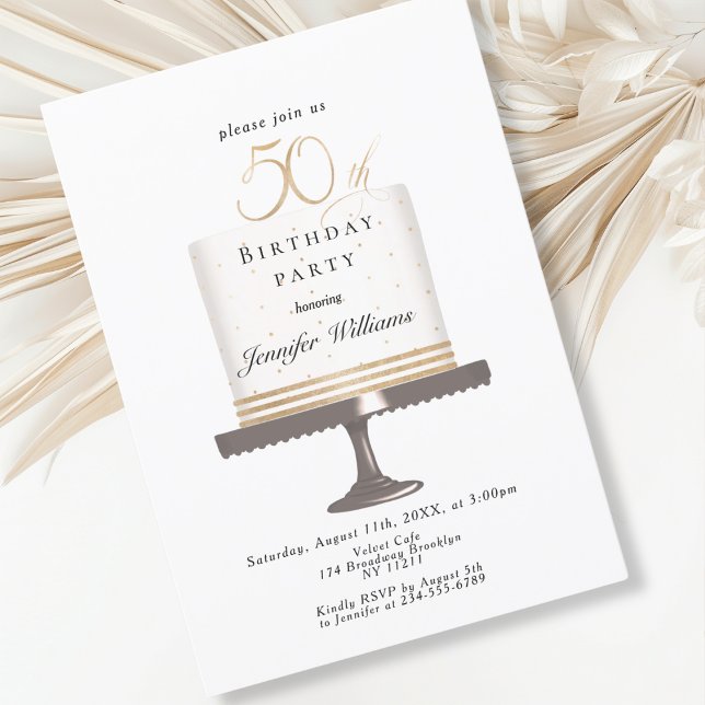 Modern, elegant 50th birthday invitation (Modern, elegant, luxury, white & gold, 50. birthday invitation with cake illustration.)