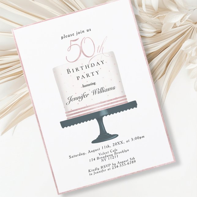 Modern, elegant 50th birthday invitation (Modern, elegant, luxury, white & pink, 50. birthday invitation with cake illustration.)
