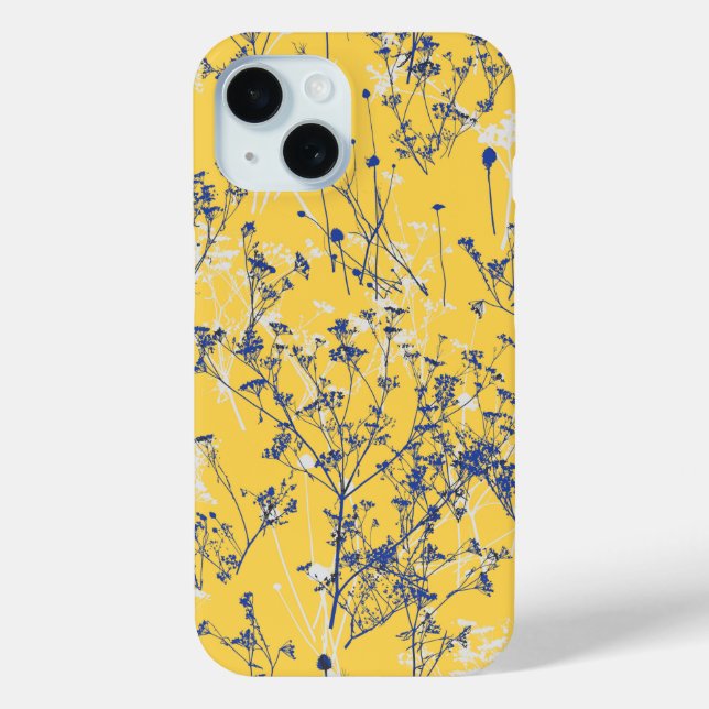 Modern Elegant Abstract Blue Wildflowers on Yellow Case-Mate iPhone Case (Back)