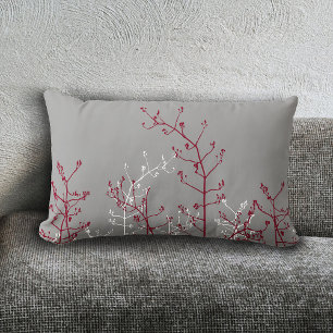 Modern Elegant Abstract Burgundy Flowers Grey Lumbar Pillow