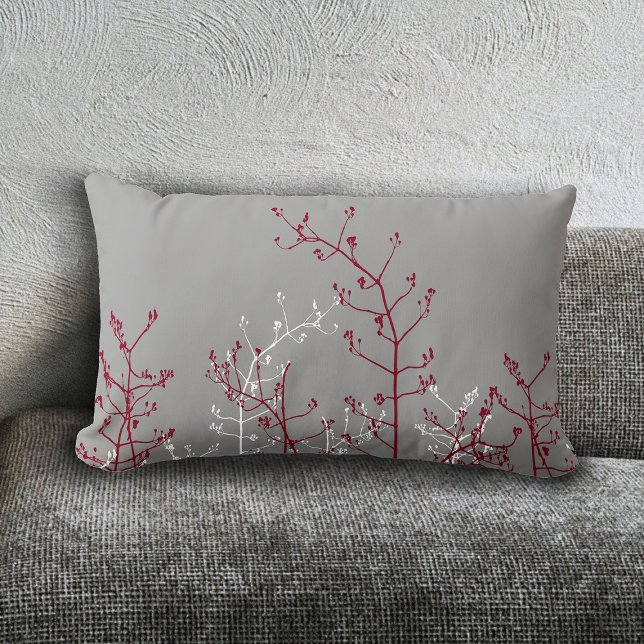 Modern Elegant Abstract Burgundy Flowers Grey Lumbar Pillow (Creator Uploaded)