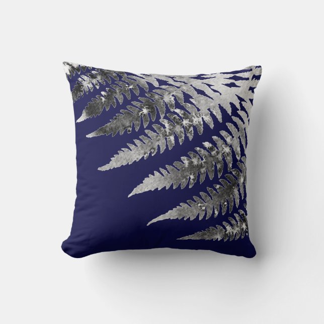 Modern Elegant Abstract Grey Watercolor Fern Navy Throw Pillow (Front)