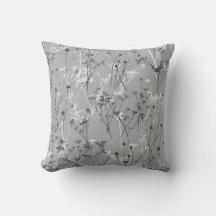 Modern Elegant Abstract Grey Wildflowers Floral Throw Pillow
