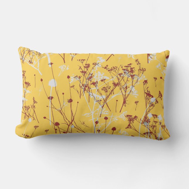 Modern Elegant Abstract Red Mustard Yellow Floral Lumbar Pillow (Front)