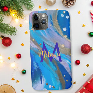 Modern elegant abstract whimsical blue gold iPhone 11 pro case