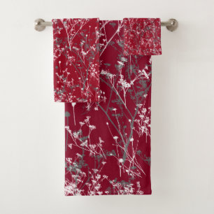 Modern Elegant Abstract Wildflowers Burgundy Grey Bath Towel Set