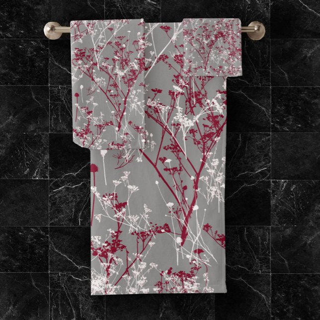 Modern Elegant Abstract Wildflowers Grey Burgundy Bath Towel Set (Creator Uploaded)