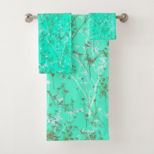 Modern Elegant Abstract Wildflowers on Aqua Blue Bath Towel Set