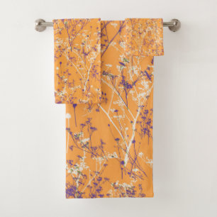 Modern Elegant Abstract Wildflowers Purple Orange Bath Towel Set