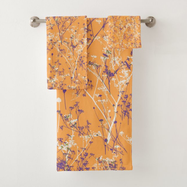 Modern Elegant Abstract Wildflowers Purple Orange Bath Towel Set (Insitu)