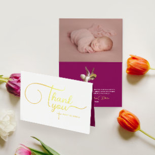 Modern Elegant Angel Baby Baptism Thank You Script Foil Card